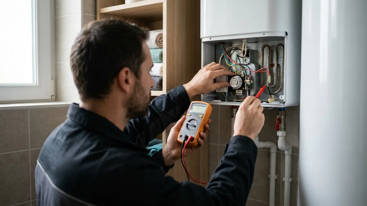 Diagnostic d'un chauffe-eau électrique dans le cellier d'une maison de Villebon-sur-Yvette