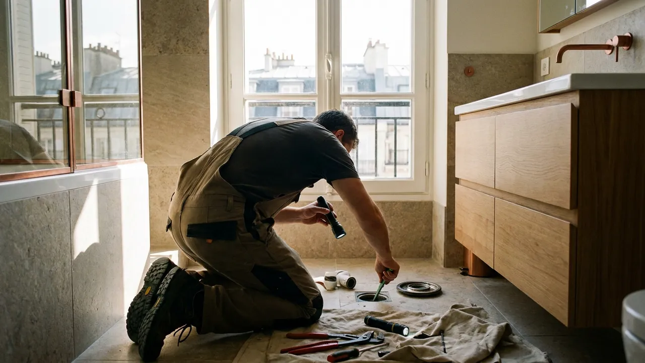 Vérification du siphon d'une salle de bain pour traiter des odeurs de canalisation dans un pavillon de Villebon-sur-Yvette